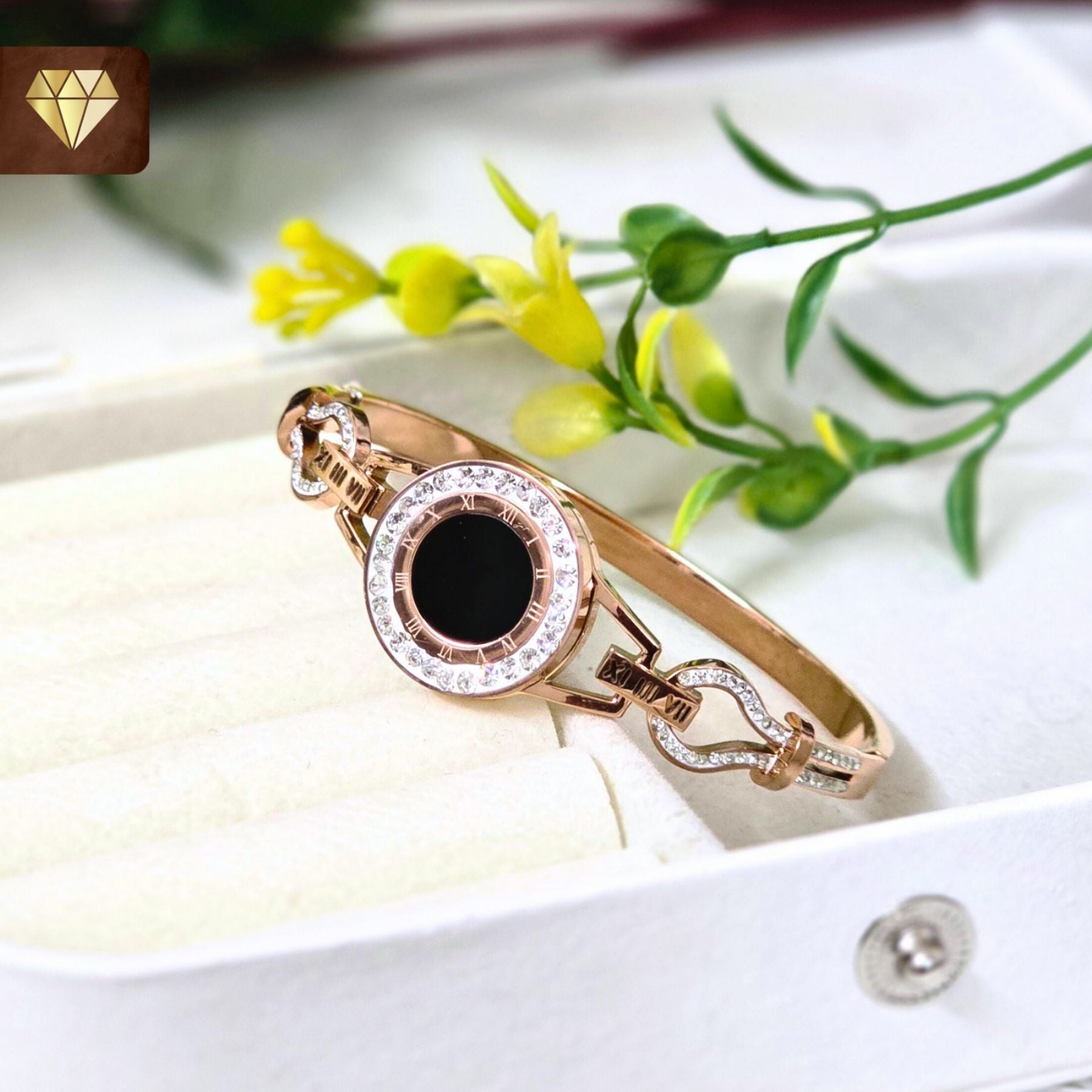 Rose gold-plated Kada bracelet with black enamel centerpiece and cubic zirconia halo – Monica’s Jewel Studio