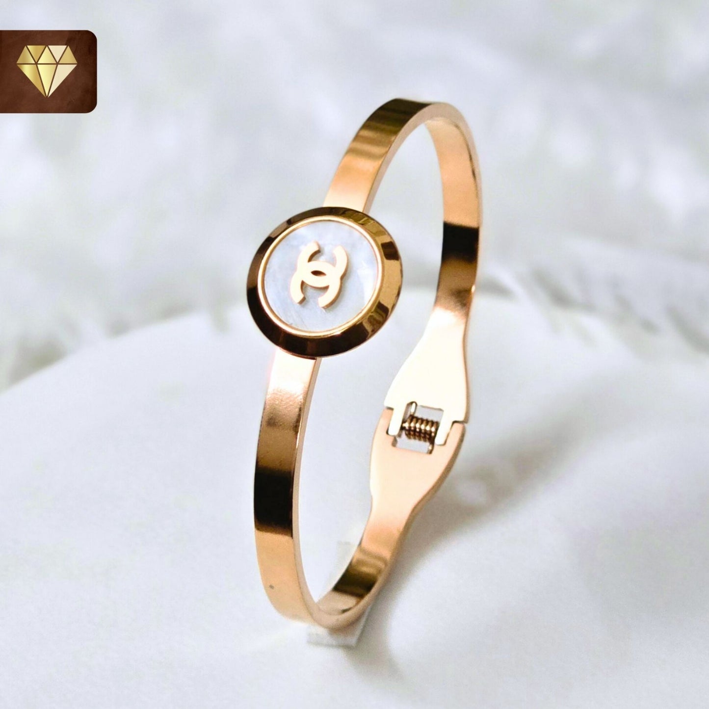 Rose gold-plated Kada bracelet with enamel round centerpiece – Monica’s Jewel Studio
