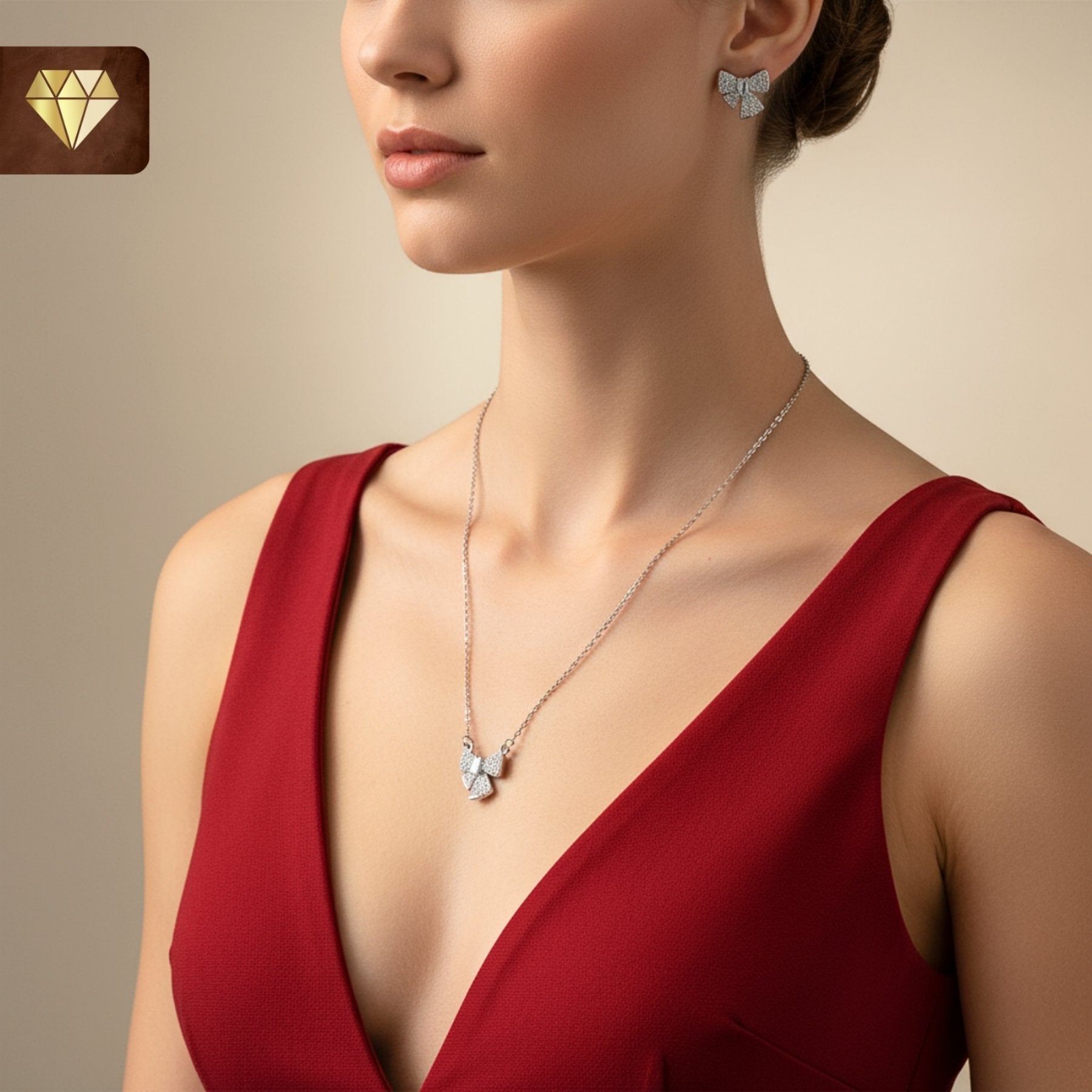 Silver-plated bow pendant necklace with matching earrings set studded with AD (American Diamond) CZ stones for women