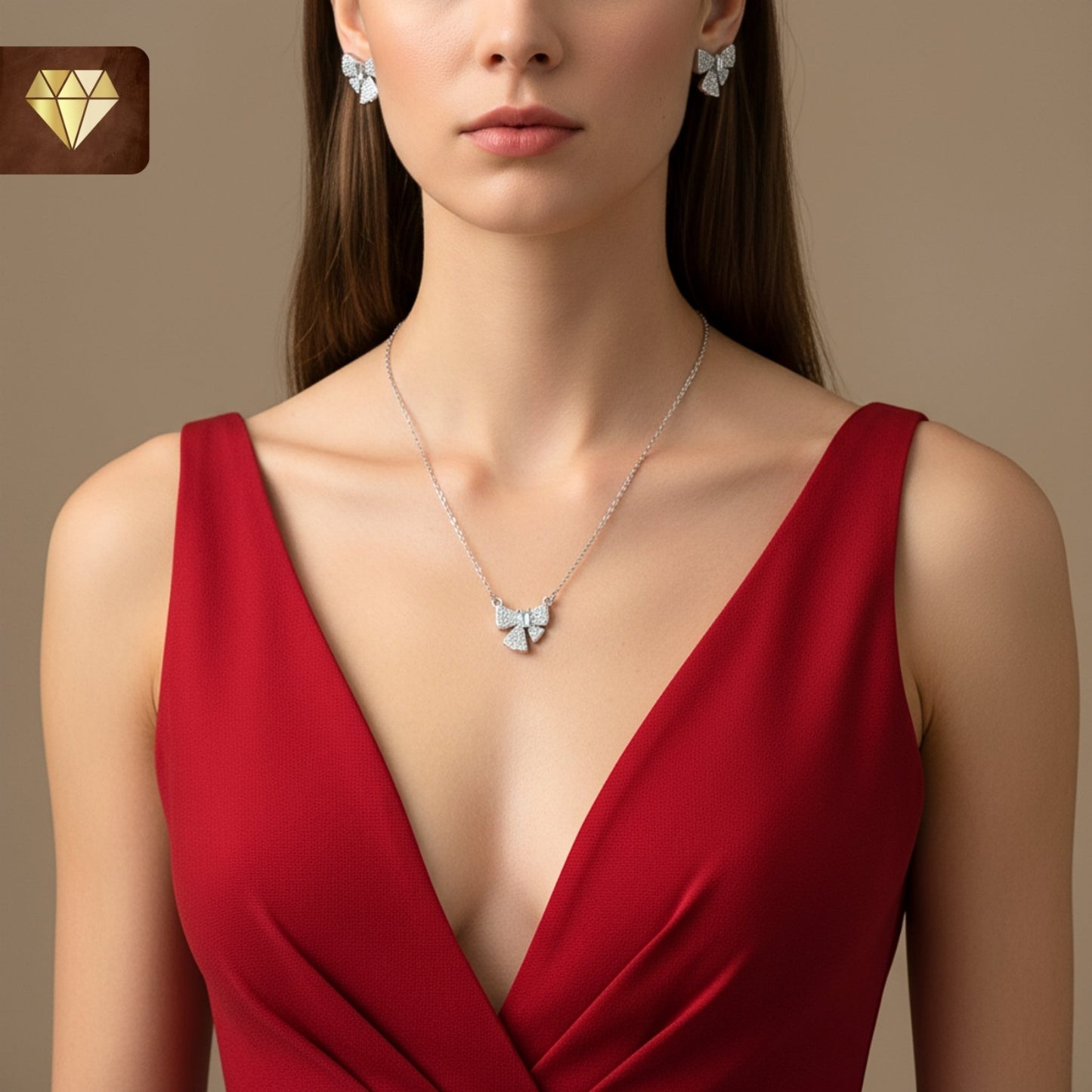 Silver-plated bow pendant necklace with matching earrings set studded with AD (American Diamond) CZ stones for women