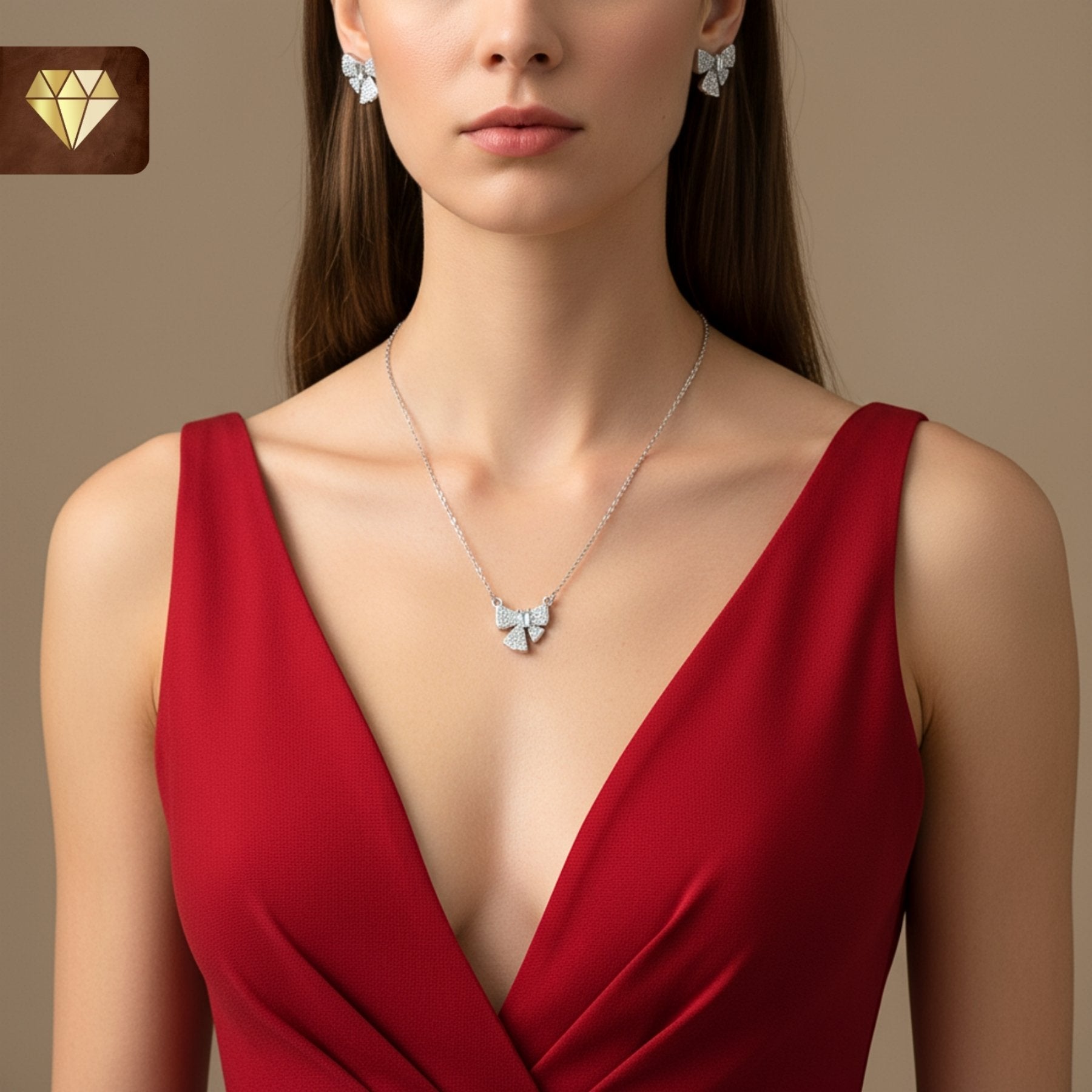 Silver-plated bow pendant necklace with matching earrings set studded with AD (American Diamond) CZ stones for women
