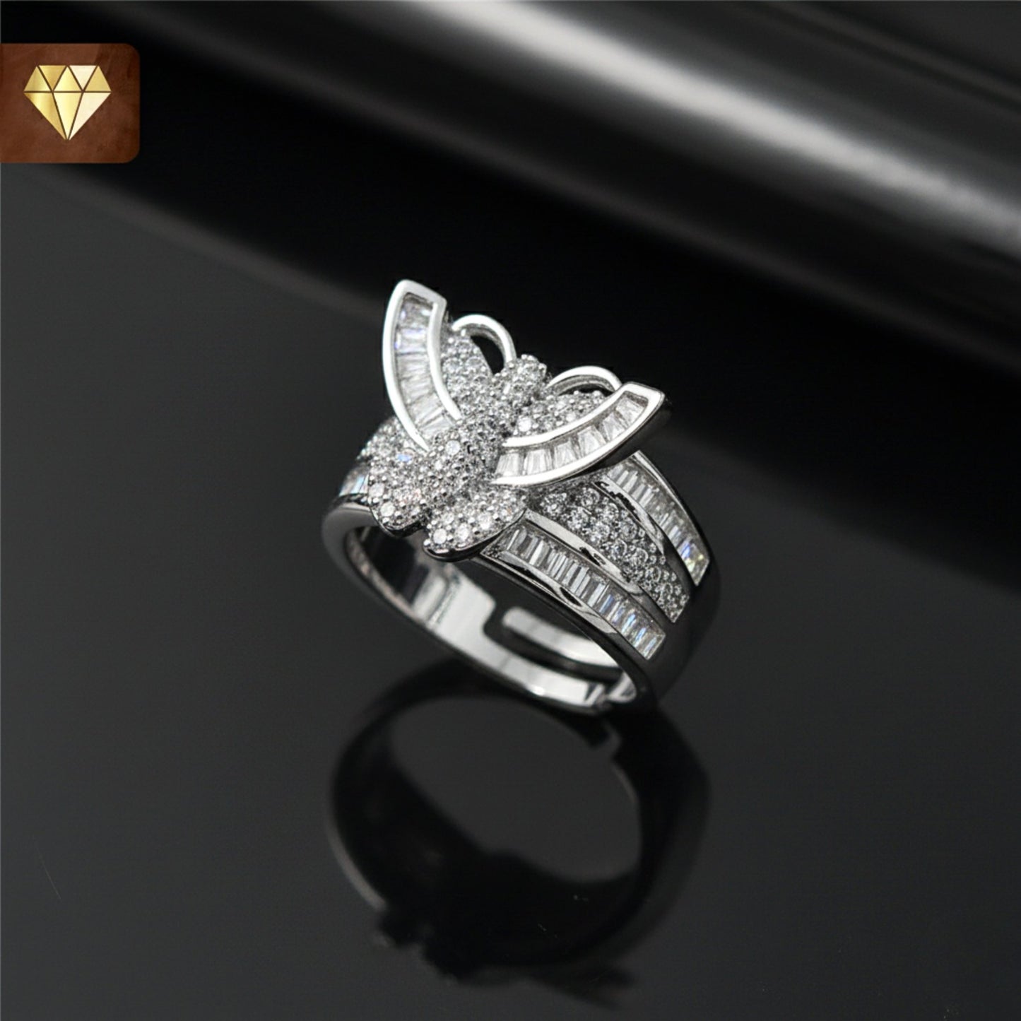 Silver butterfly finger ring with AD (American Diamond) CZ baguette and pave stones for women