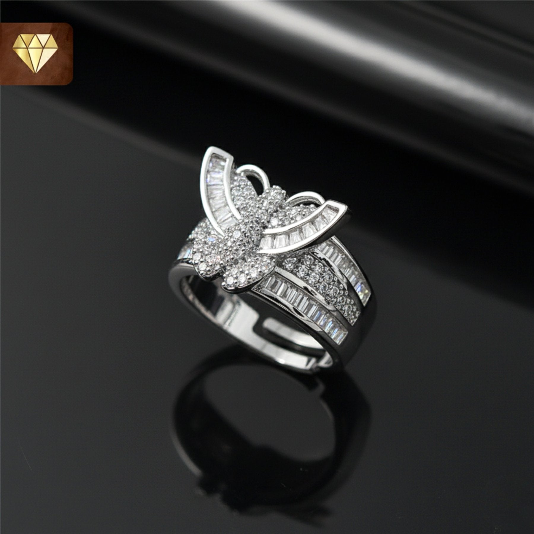 Silver butterfly finger ring with AD (American Diamond) CZ baguette and pave stones for women
