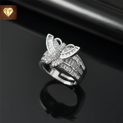 Silver butterfly finger ring with AD (American Diamond) CZ baguette and pave stones for women