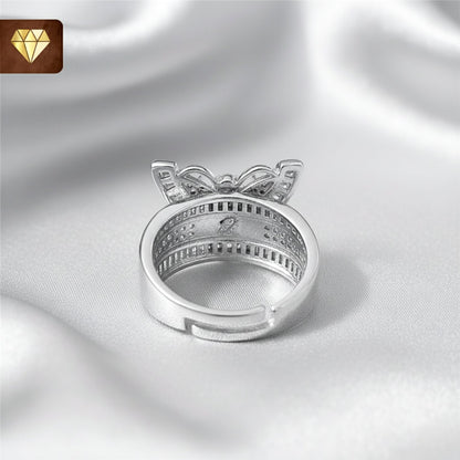 Silver butterfly finger ring with AD (American Diamond) CZ baguette and pave stones for women