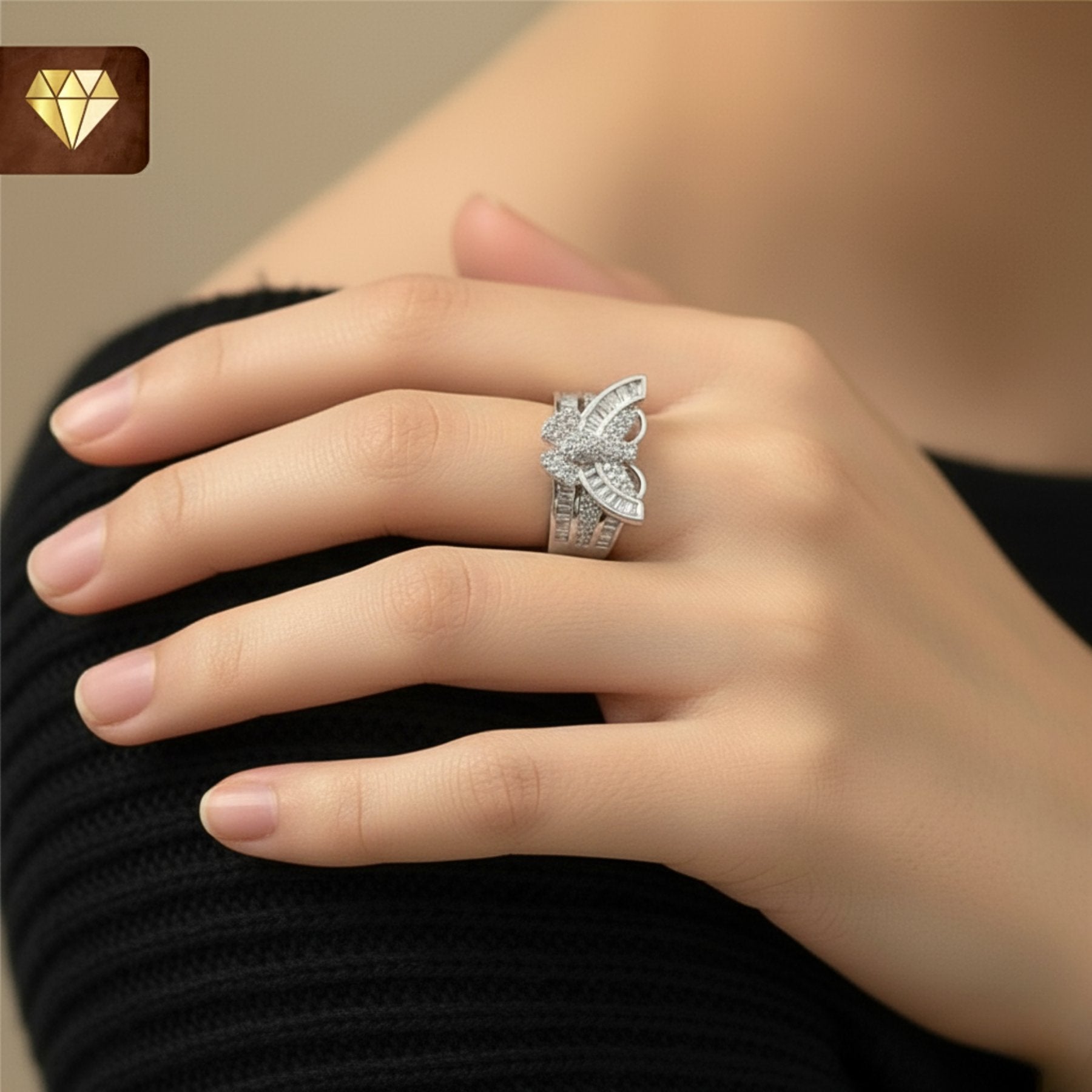 Silver butterfly finger ring with AD (American Diamond) CZ baguette and pave stones for women