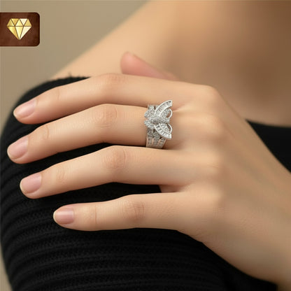 Silver butterfly finger ring with AD (American Diamond) CZ baguette and pave stones for women