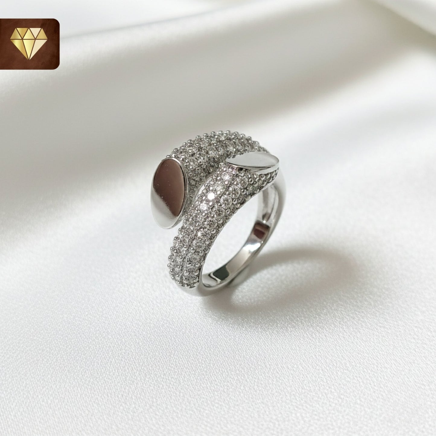 Silver wrap bypass finger ring with CZ stones and leaf oval designer tips for women