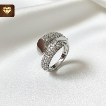 Silver wrap bypass finger ring with CZ stones and leaf oval designer tips for women