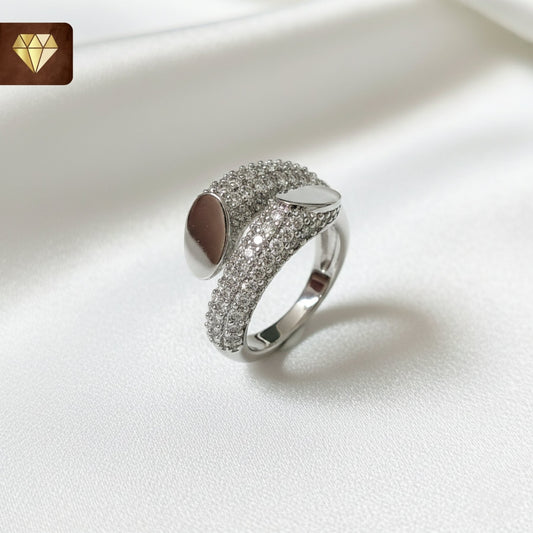 Silver wrap bypass finger ring with CZ stones and leaf oval designer tips for women