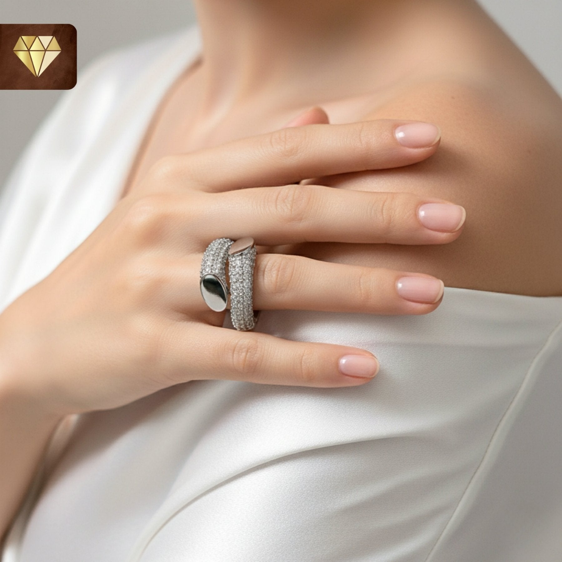 Silver wrap bypass finger ring with CZ stones and leaf oval designer tips for women