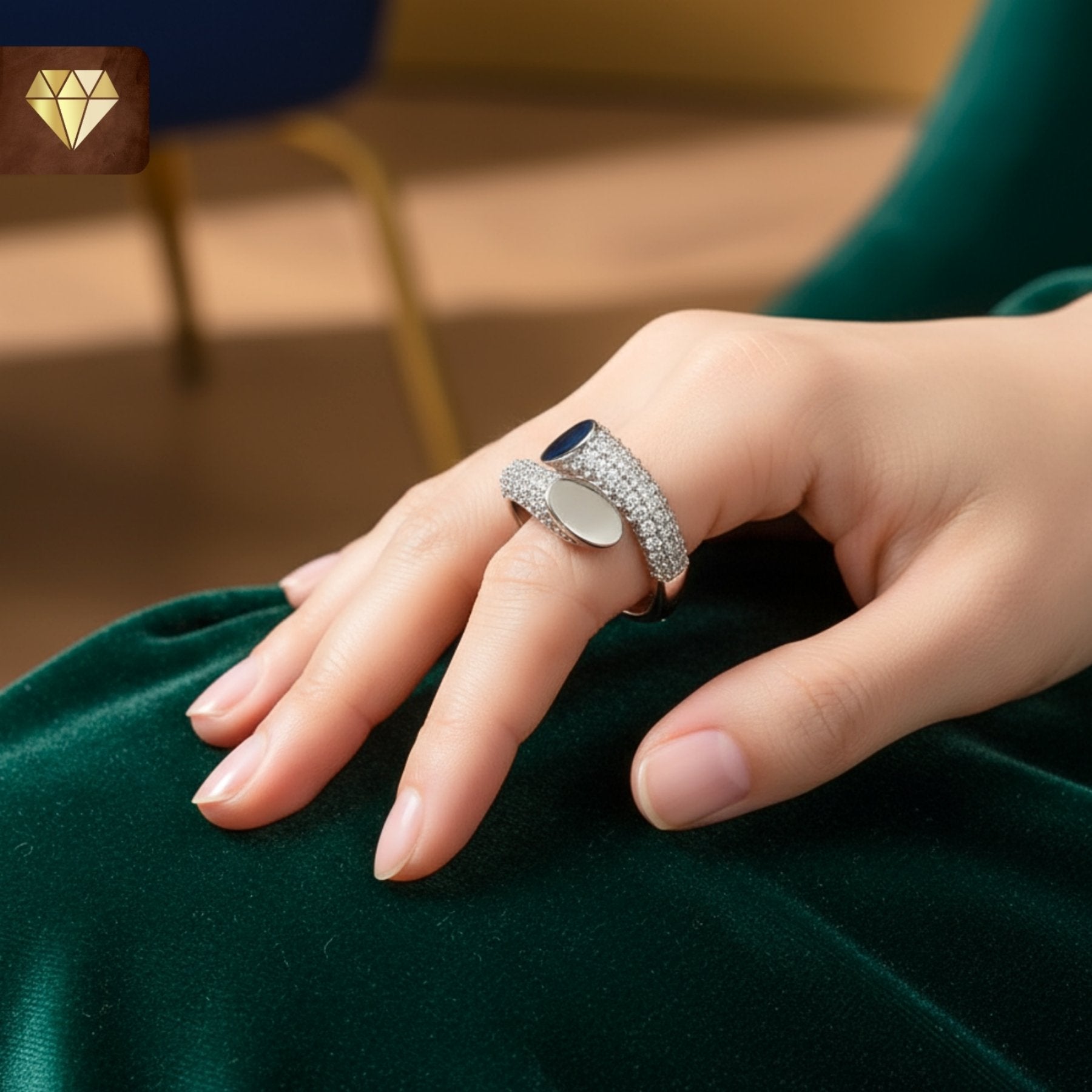 Silver wrap bypass finger ring with CZ stones and leaf oval designer tips for women