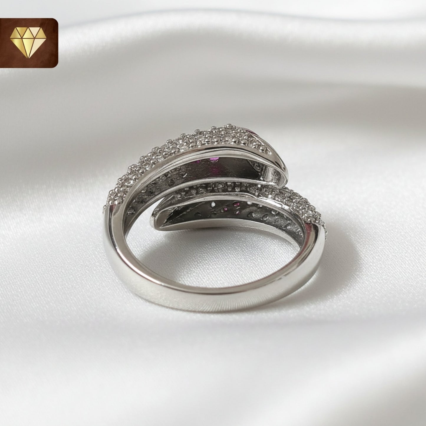 Silver wrap bypass finger ring with CZ stones and leaf oval designer tips for women