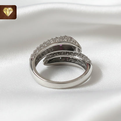 Silver wrap bypass finger ring with CZ stones and leaf oval designer tips for women