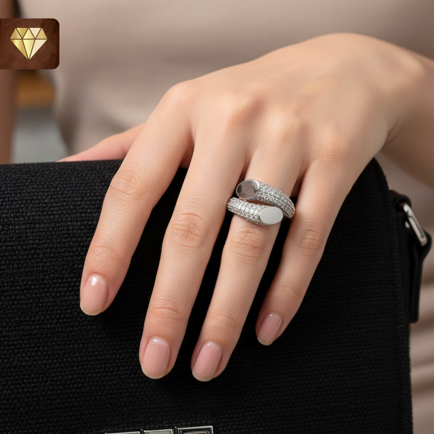 Silver wrap bypass finger ring with CZ stones and leaf oval designer tips for women