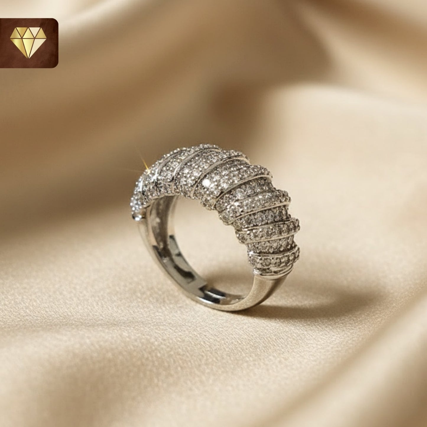 Silver dome cocktail finger ring with layered AD (American Diamond) CZ stones for women