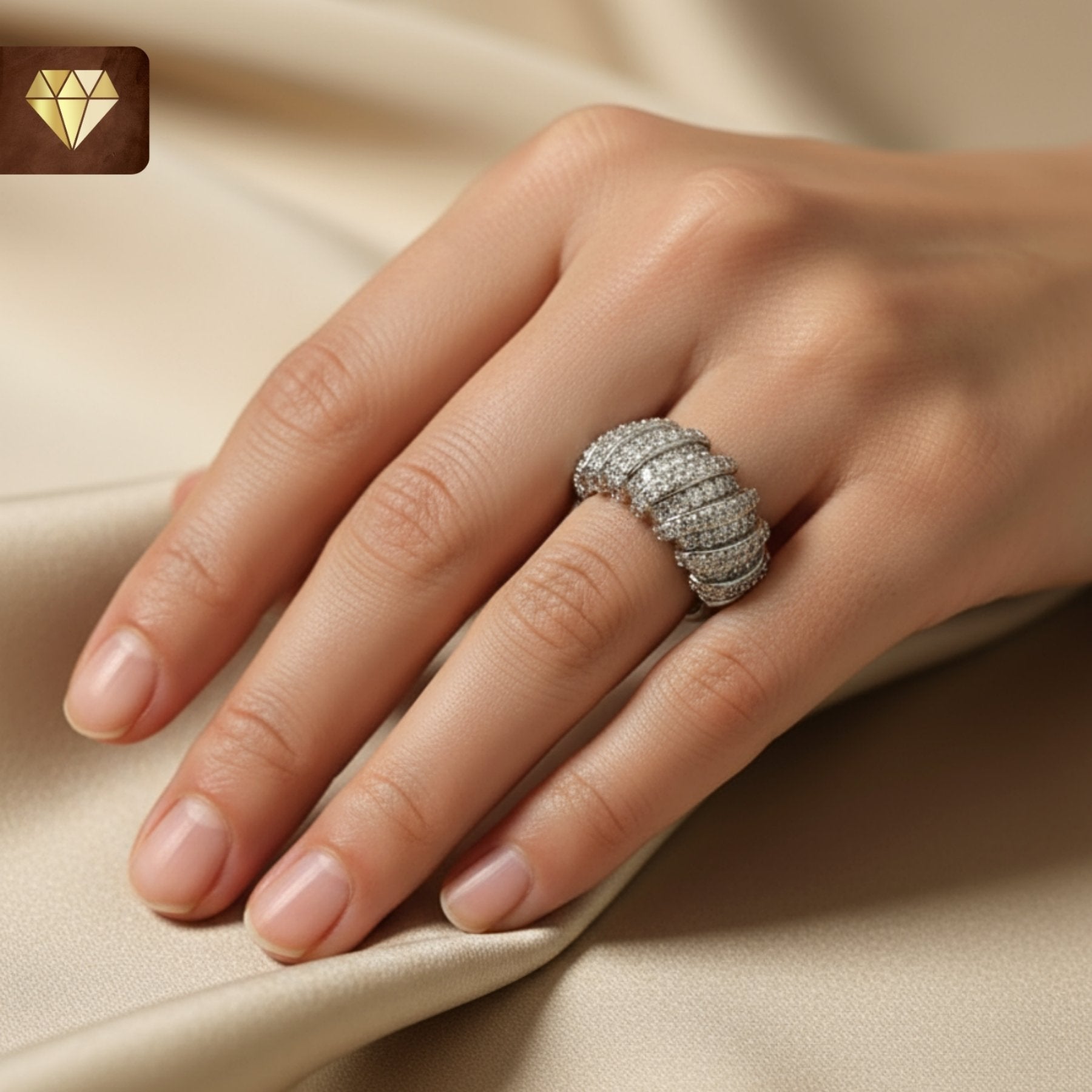 Silver dome cocktail finger ring with layered AD (American Diamond) CZ stones for women