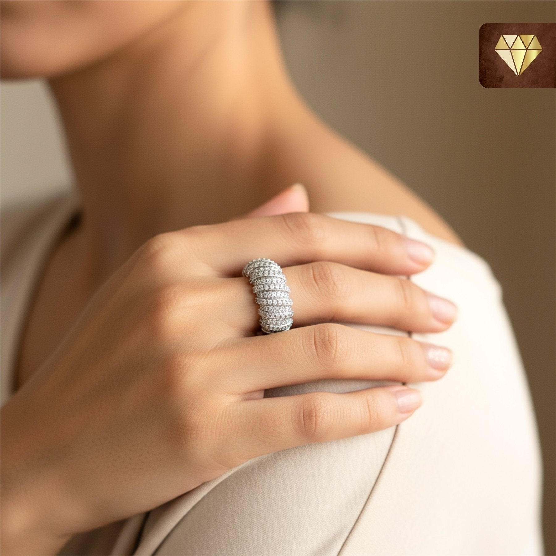 Silver dome cocktail finger ring with layered AD (American Diamond) CZ stones for women