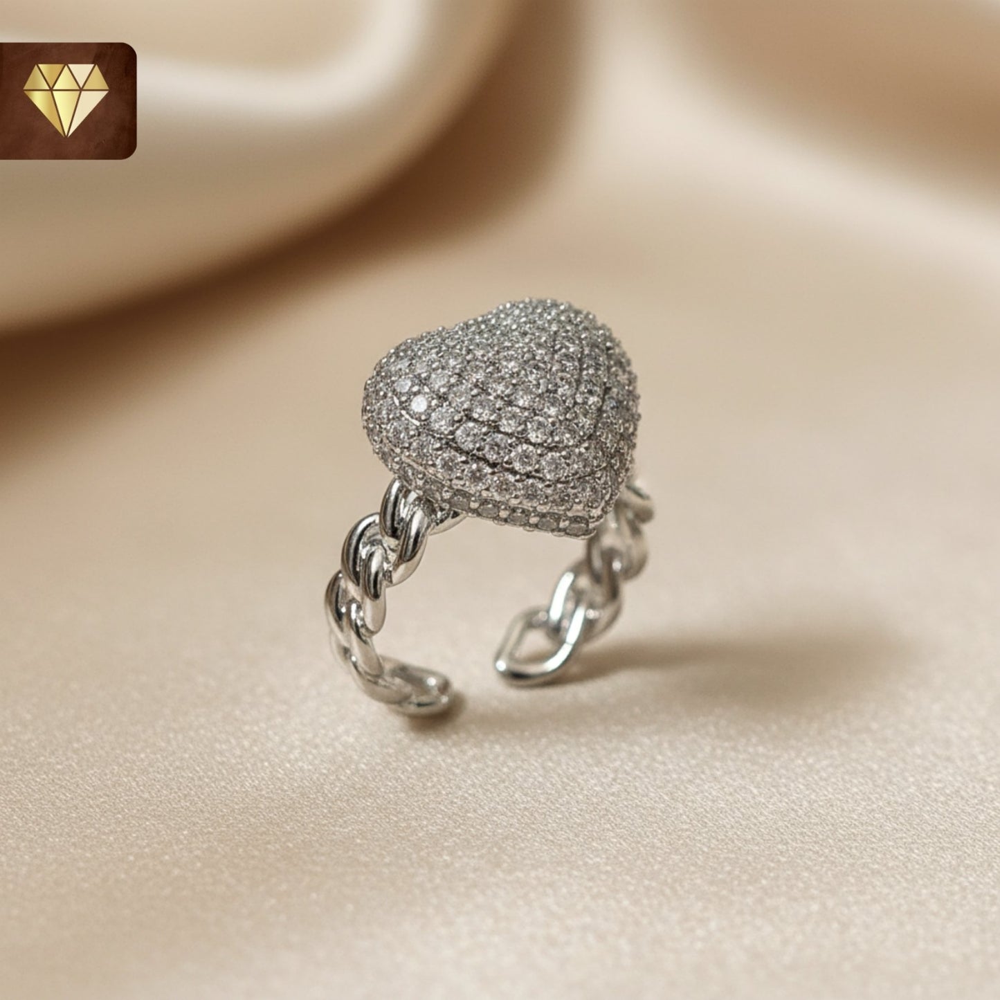 Silver heart shape finger ring with CZ stones and chunky chain band for women