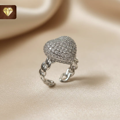 Silver heart shape finger ring with CZ stones and chunky chain band for women