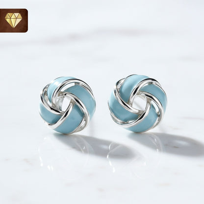 Silver-plated sky blue enamel knot stud earrings – vintage-inspired round jewelry for women