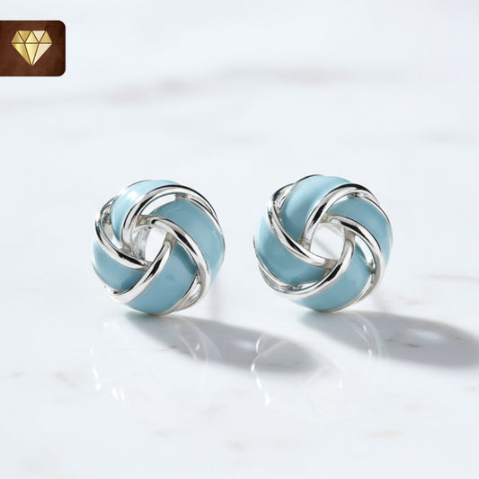 Silver-plated sky blue enamel knot stud earrings – vintage-inspired round jewelry for women