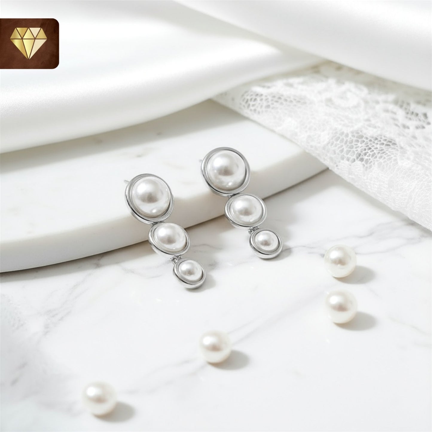 Silver-plated triple pearl drop stud earrings – elegant small round dangle jewelry for women