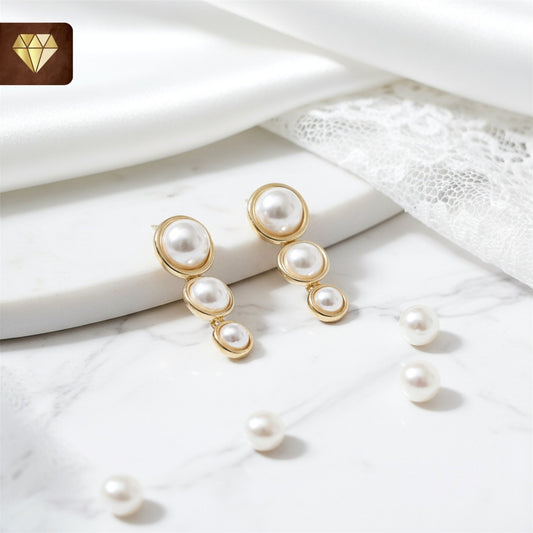 Gold-plated triple pearl drop stud earrings – elegant small round dangle jewelry for women
