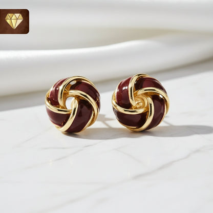 Gold-plated wine red enamel knot stud earrings – vintage-inspired round statement jewelry for women