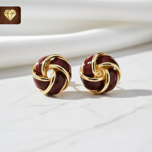 Gold-plated wine red enamel knot stud earrings – vintage-inspired round statement jewelry for women
