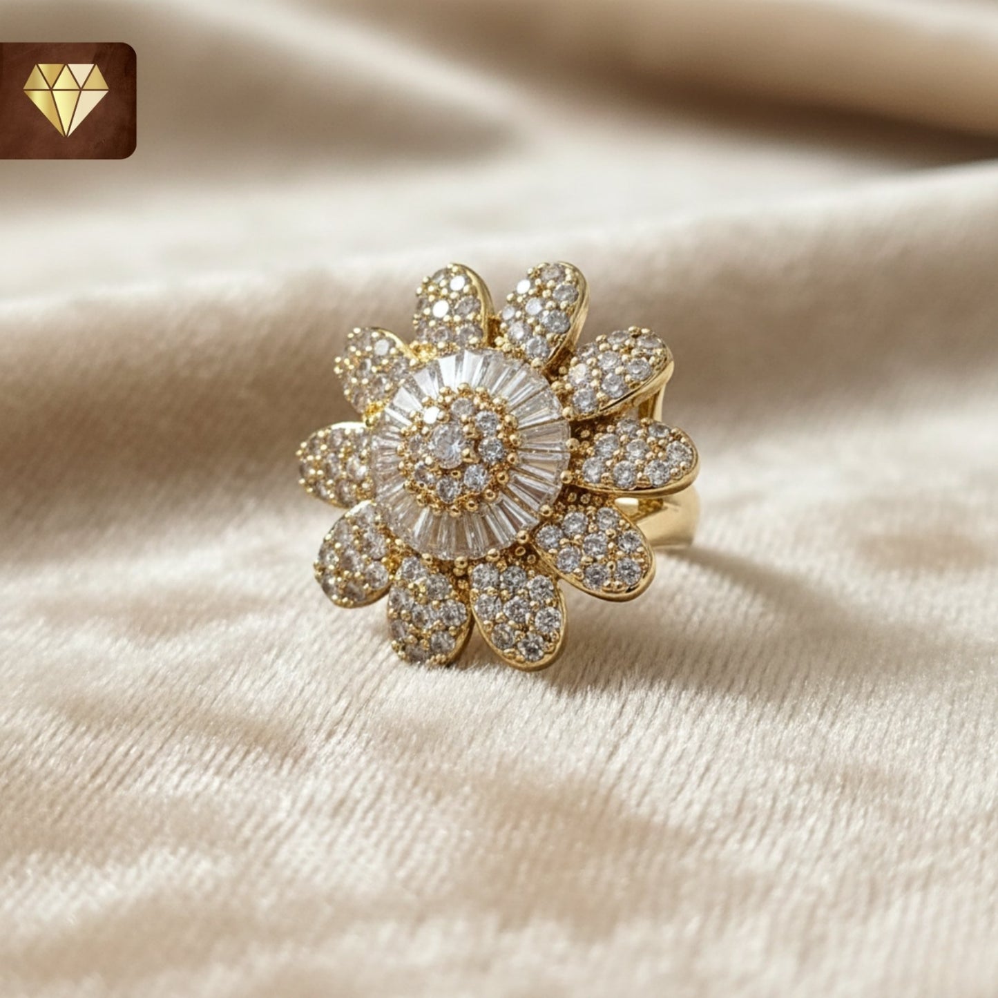 Women’s floral daisy statement finger ring in gold with CZ stones – cocktail party jewelry