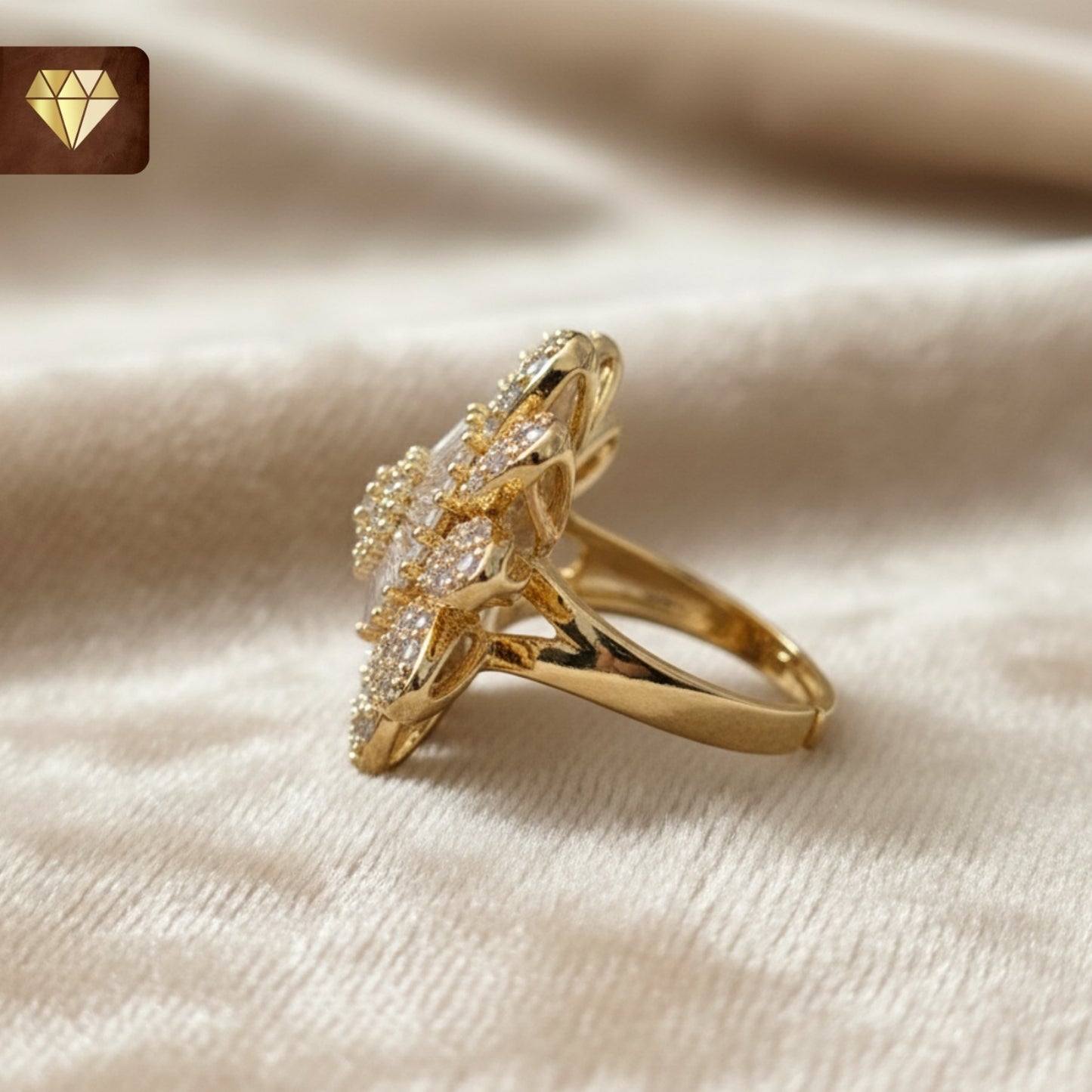 Women’s floral daisy statement finger ring in gold with CZ stones – cocktail party jewelry