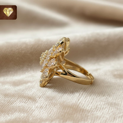 Women’s floral daisy statement finger ring in gold with CZ stones – cocktail party jewelry