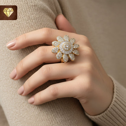 Women’s floral daisy statement finger ring in gold with CZ stones – cocktail party jewelry