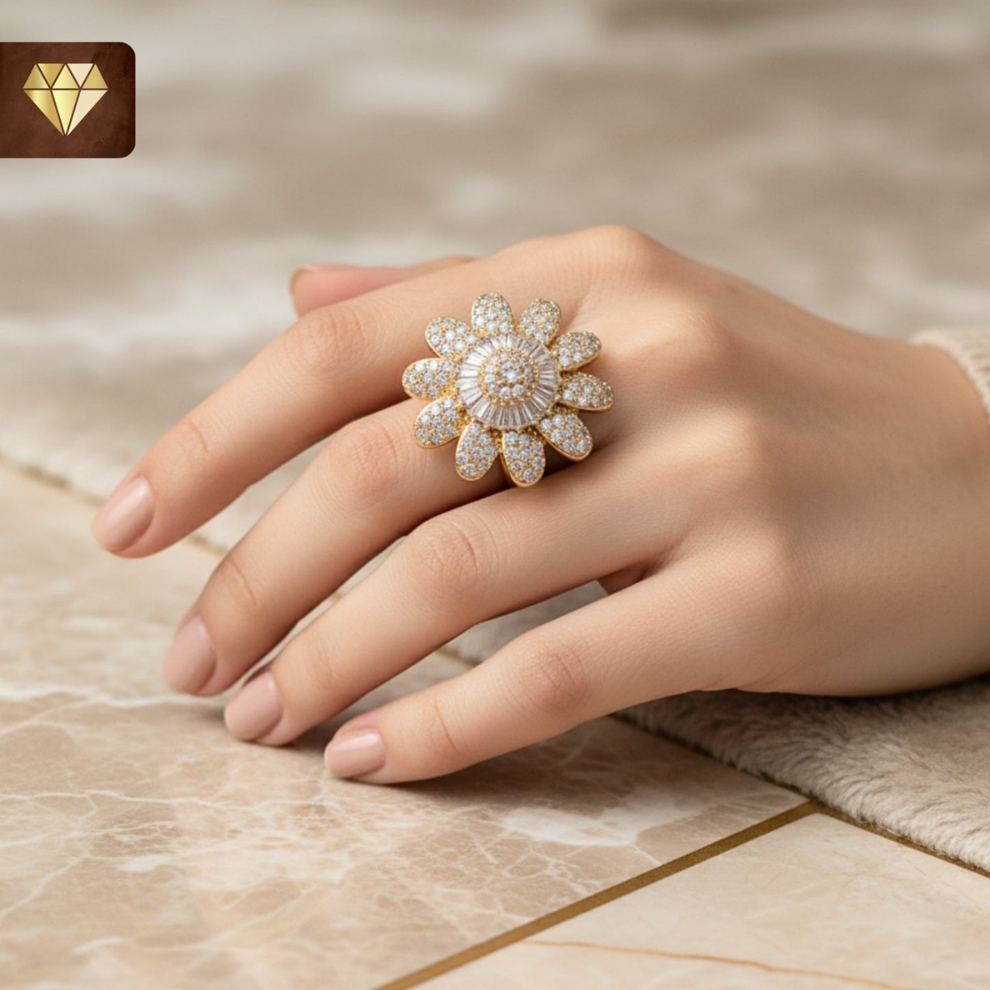 Women’s floral daisy statement finger ring in gold with CZ stones – cocktail party jewelry