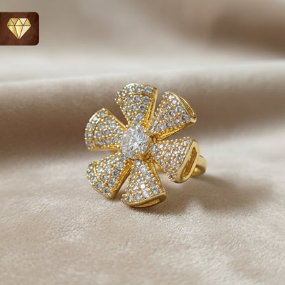 Women’s floral bow cocktail finger ring with CZ stones – gold-plated statement jewelry