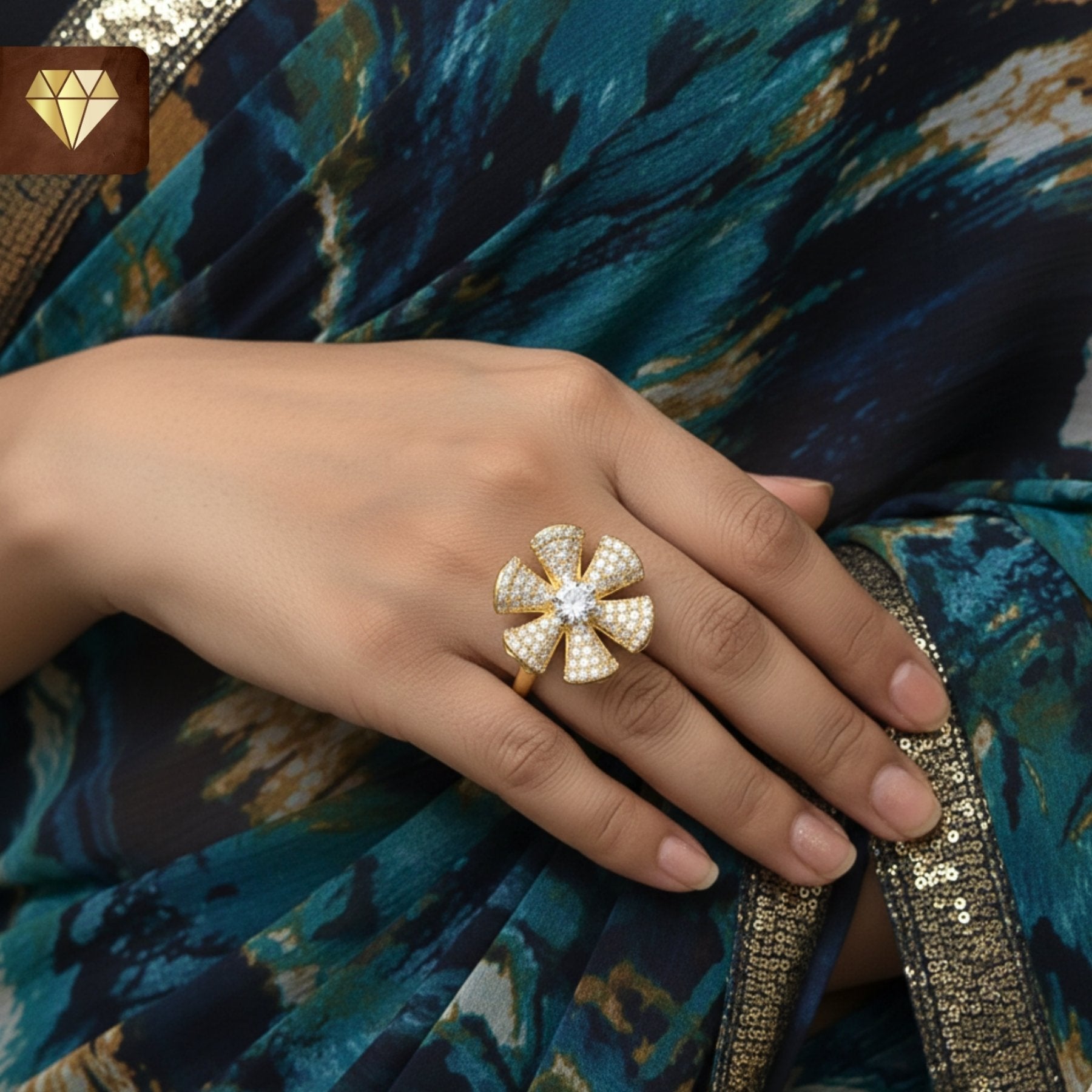 Women’s floral bow cocktail finger ring with CZ stones – gold-plated statement jewelry