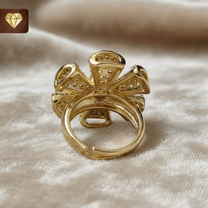 Women’s floral bow cocktail finger ring with CZ stones – gold-plated statement jewelry