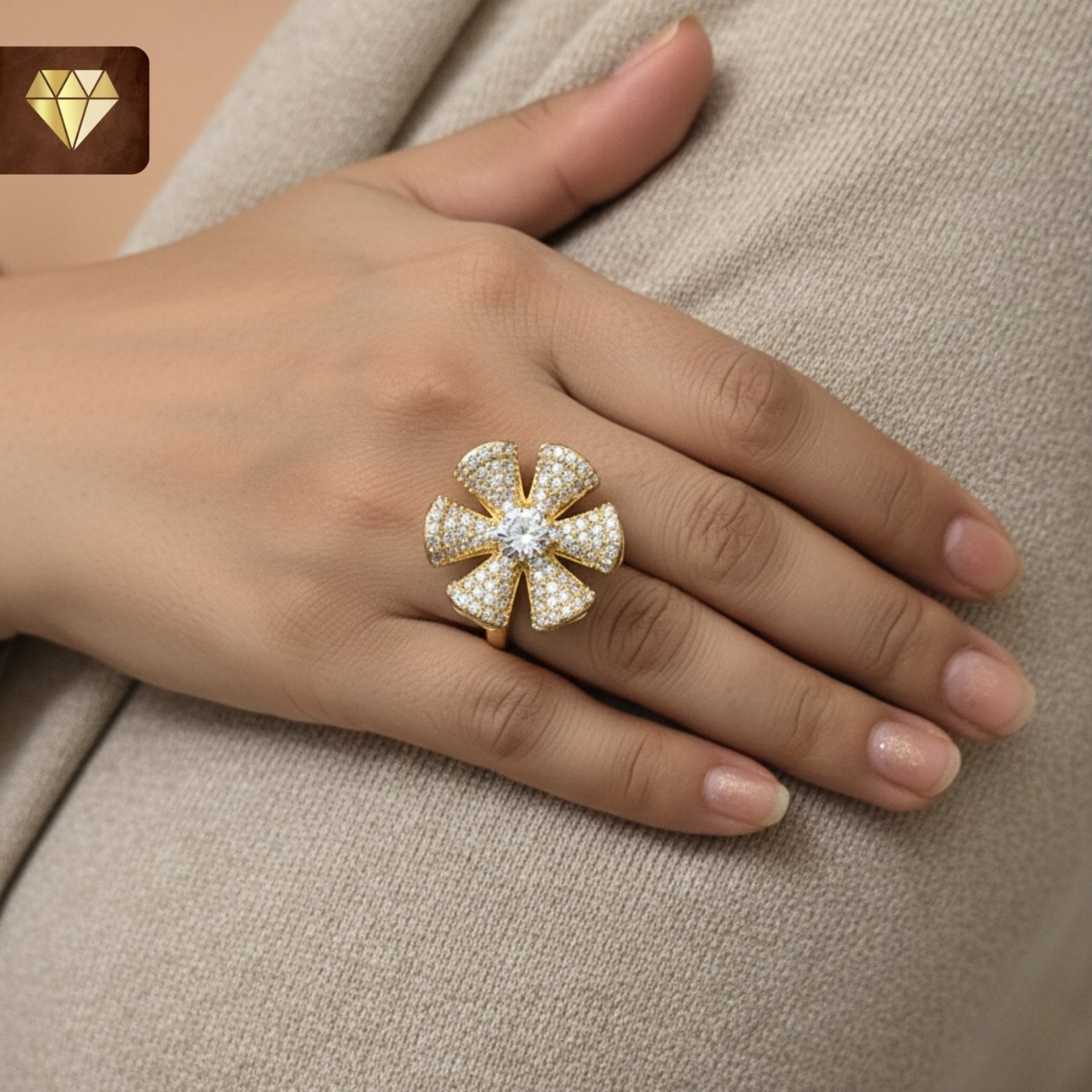 Women’s floral bow cocktail finger ring with CZ stones – gold-plated statement jewelry