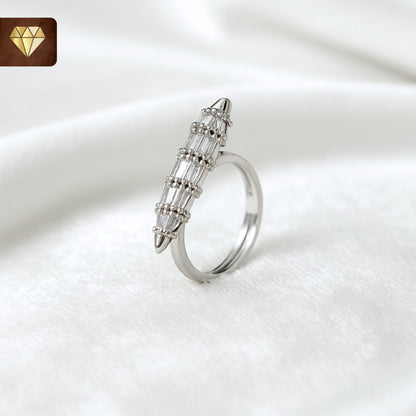 Women’s long cocktail finger ring with baguette CZ stones – silver statement jewelry