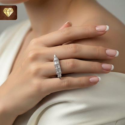 Women’s long cocktail finger ring with baguette CZ stones – silver statement jewelry
