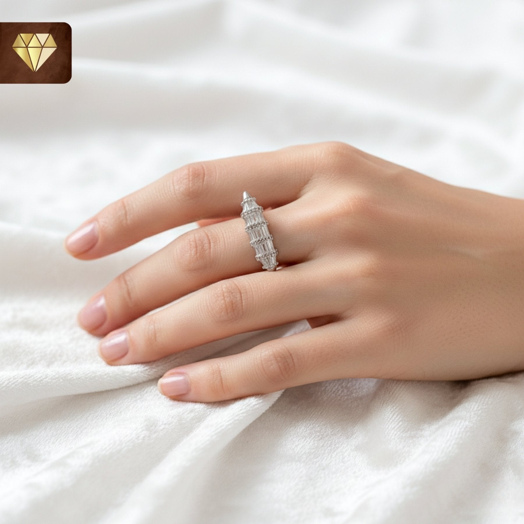 Women’s long cocktail finger ring with baguette CZ stones – silver statement jewelry