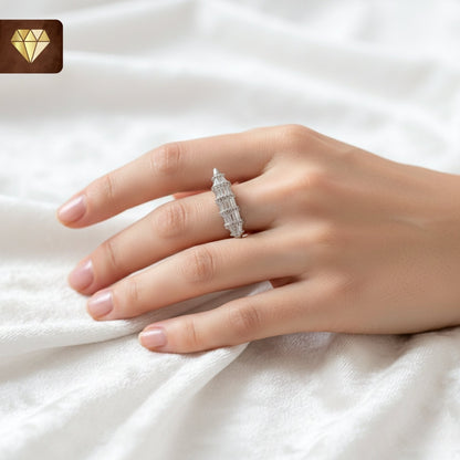 Women’s long cocktail finger ring with baguette CZ stones – silver statement jewelry
